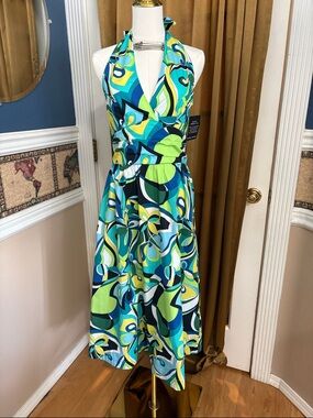 Boston Proper Halter Midi Dress in Blue, Green & Yellow Abstract Print